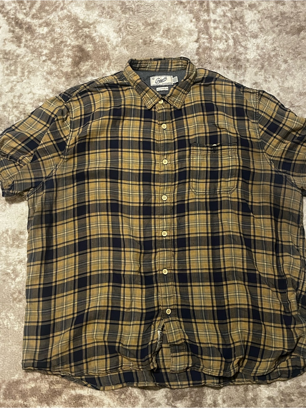 Grayers Clothiers Men’s XXL Plaid Button Up Shirt Tan Navy Blue 100% Cotton